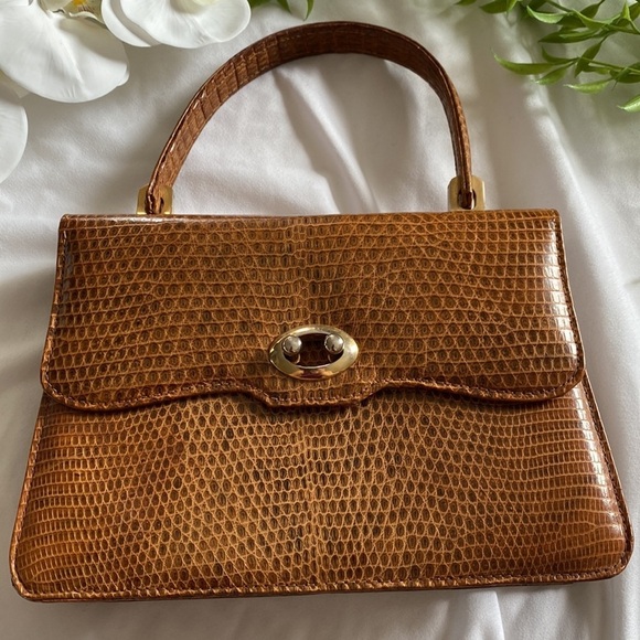 Vintage Murray Kruger Caramel Brown Snakeskin Embossed Top Handle Handbag - Picture 3 of 17